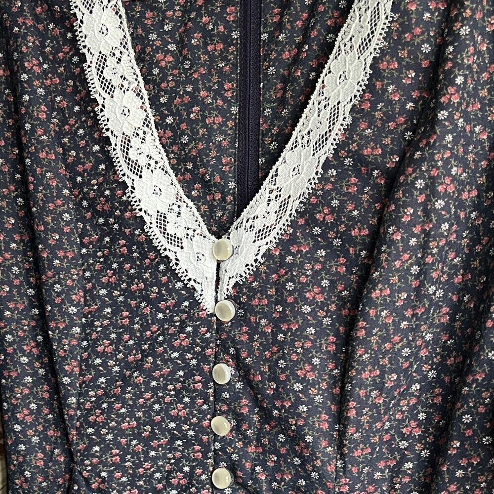 Vintage 70s Puff Sleeve Midi Dress Cottagecore Prairie Floral Print Lace Western - Picture 6 of 7